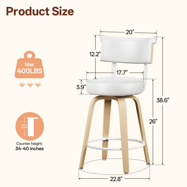 Swivel Counter Height Bar Stools, 26 Inch, White