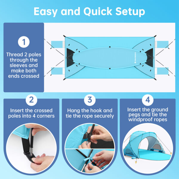 Beach Tent, with UPF50+ UV Protection, 6 Persons, Light Blue