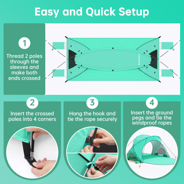 Beach Tent, with UPF50+ UV Protection, 6 Persons, Mint Green