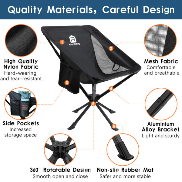 Raynesys 1 Pack Portable Camping Chair, Flexible 360° Rotation, Easy Carry, 8 Seconds Quick Setup Folding Camping Chair, 3.8Lb Lightweight Folding Chairs for Hiking, Beach, Sporting, Travel