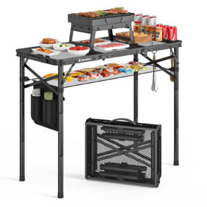 Folding Grill Table for Outside , 3 Height Adjustable, Large, Black