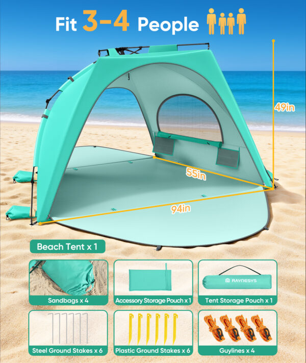 Beach Tent, UPF 30+ UV Protection, 4 Persons, Mint Green