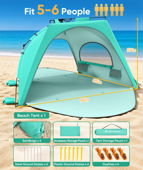 Beach Tent, UPF 30+ UV Protection, 6 Persons, Mint Green