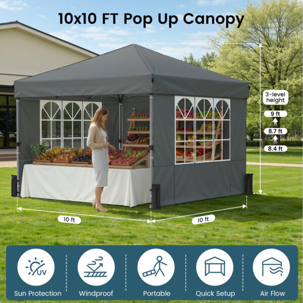 10x10ft 10 Person Party Tent, Pop Up Canopy Tent with Sidewalls, Gray