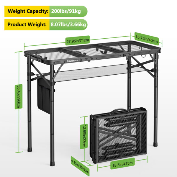 Folding Grill Table for Outside , 3 Height Adjustable, Large, Black