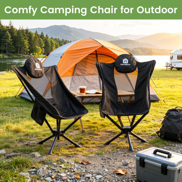 Raynesys 360° Rotation Camping Chair, Cup Holder & Storage Pocket, Portable Camping Chair, 1 Pack, Black