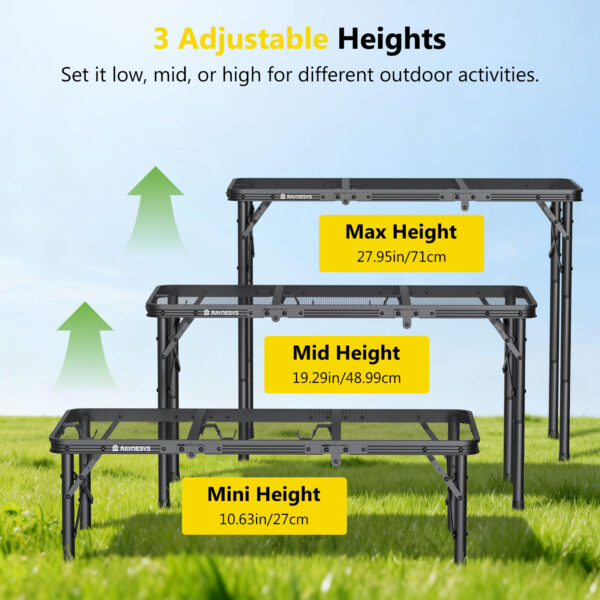Folding Grill Table for Outside , 3 Height Adjustable, Large, Black