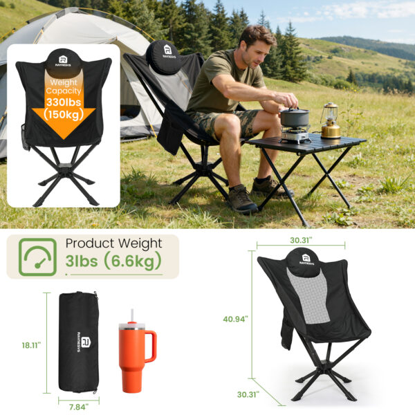 Raynesys 360° Rotation Camping Chair, Cup Holder & Storage Pocket, Portable Camping Chair, 1 Pack, Black