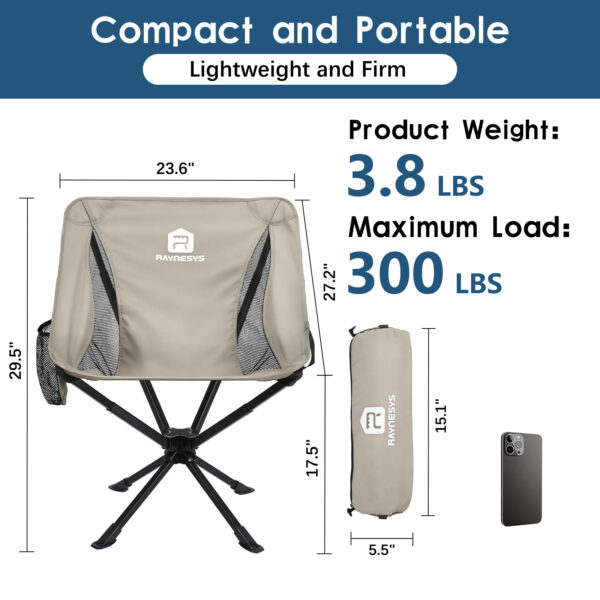 Raynesys 1 Pack Portable Camping Chair, 3.8Lb Lightweight Folding Chairs, Khaki