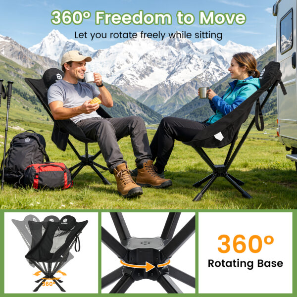 Raynesys 360° Rotation Camping Chair, Cup Holder & Storage Pocket, Portable Camping Chair, 1 Pack, Black