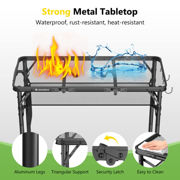 Folding Grill Table for Outside , 3 Height Adjustable, Large, Black