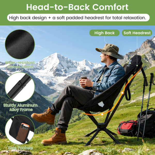 Raynesys 360° Rotation Camping Chair, Cup Holder & Storage Pocket, Portable Camping Chair, 1 Pack, Black