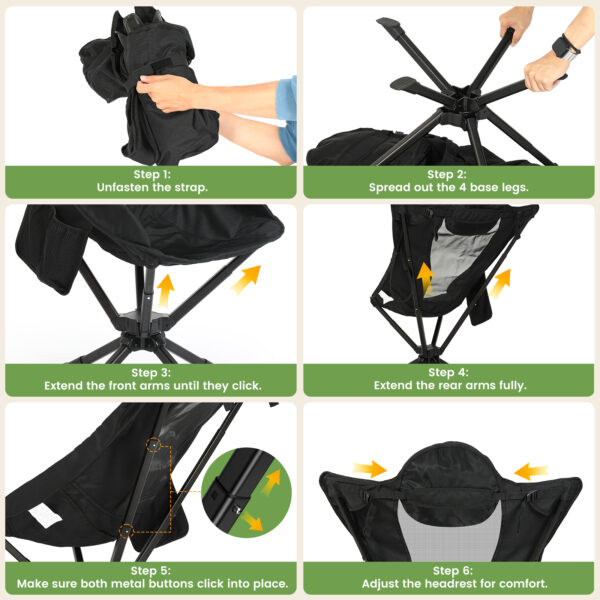 Raynesys 360° Rotation Camping Chair, Cup Holder & Storage Pocket, Portable Camping Chair, 1 Pack, Black