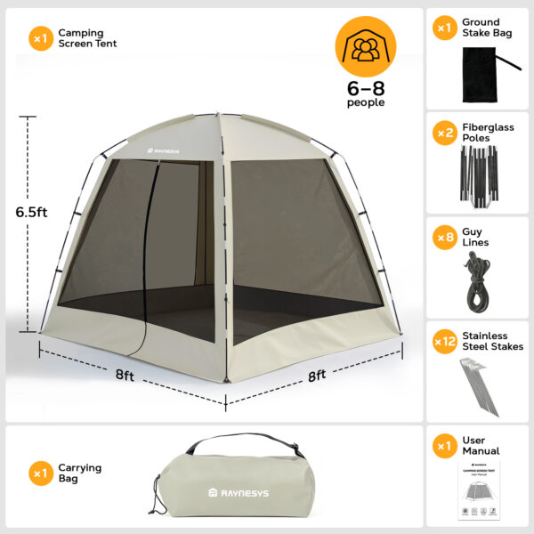 8 × 8ft Camping Screen Tent, 6-8 People, Beige