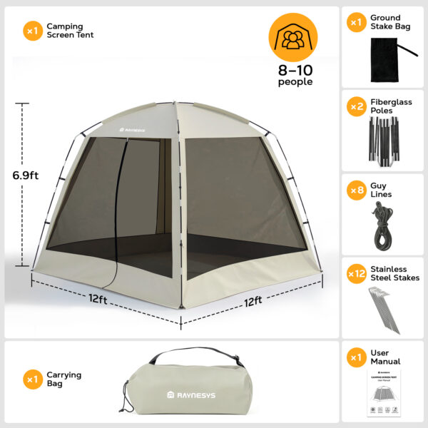 12 × 12ft Camping Screen Tent, 8-10 People, Beige
