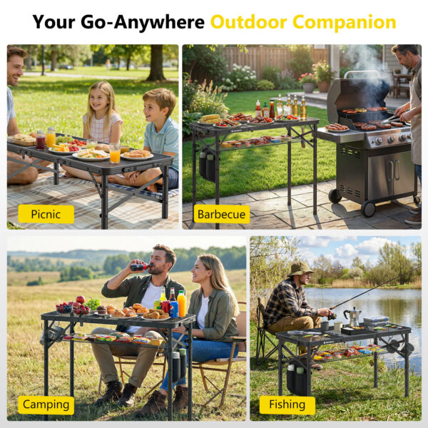 Folding Grill Table for Outside , 3 Height Adjustable, Large, Black