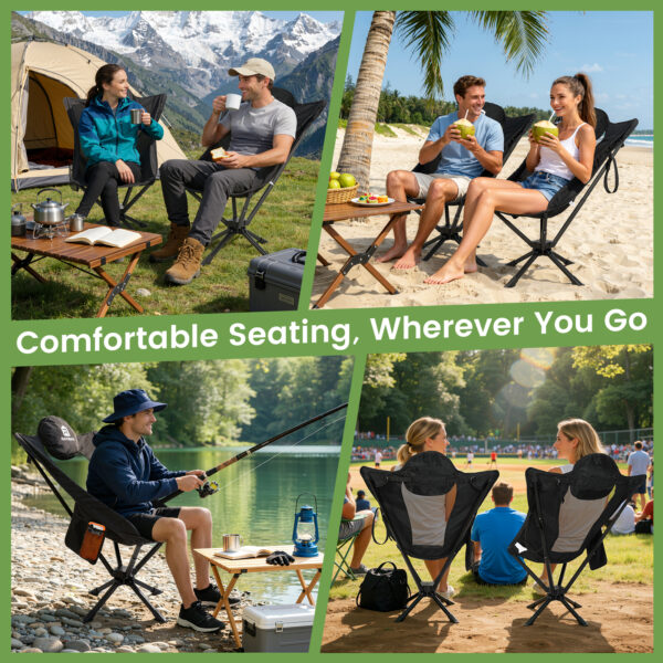 Raynesys 360° Rotation Camping Chair, Cup Holder & Storage Pocket, Portable Camping Chair, 1 Pack, Black