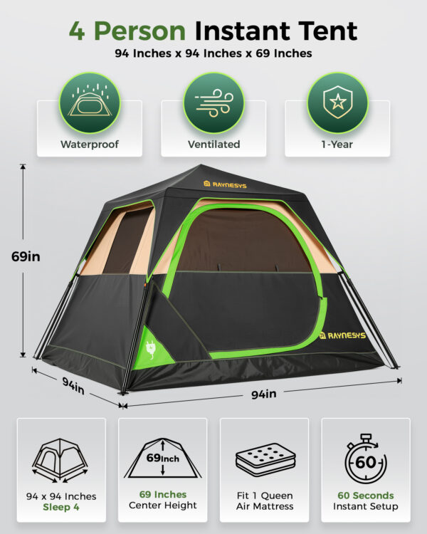 Instant Tent with Telescoping Poles, 4 Persons, Black+Brown