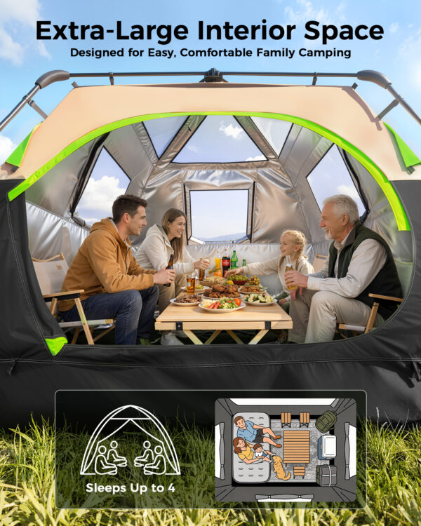 Instant Tent with Telescoping Poles, 4 Persons, Black+Brown
