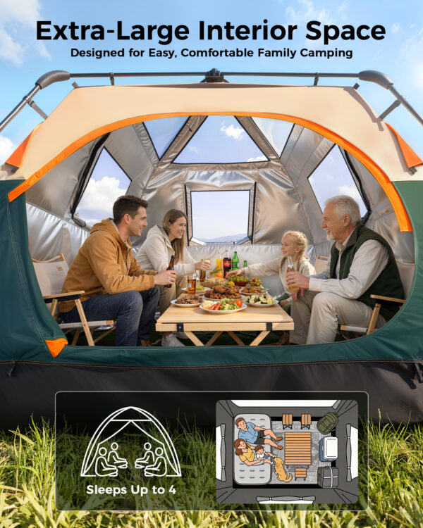 Instant Tent with Telescoping Poles, 4 Persons, Green+Brown