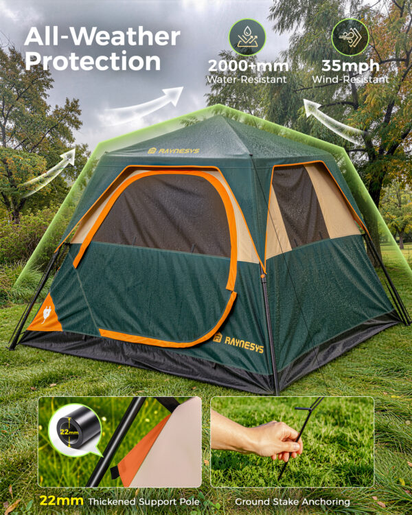 Instant Tent with Telescoping Poles, 4 Persons, Green+Brown
