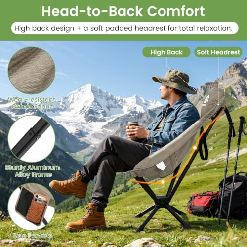 360° Rotation Camping Chair, High Back Comfort for Long Sitting, Sports & Outdoors